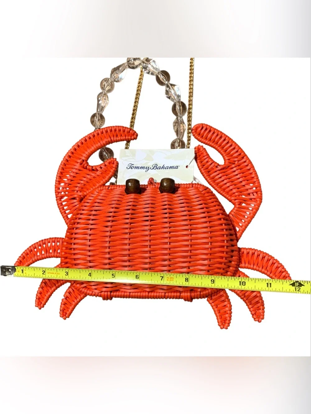 Tommy Bahama Red Crab Woven Straw Wicker Bag Gold Chain Crossbody & Clear Beads - Picture 6 of 7